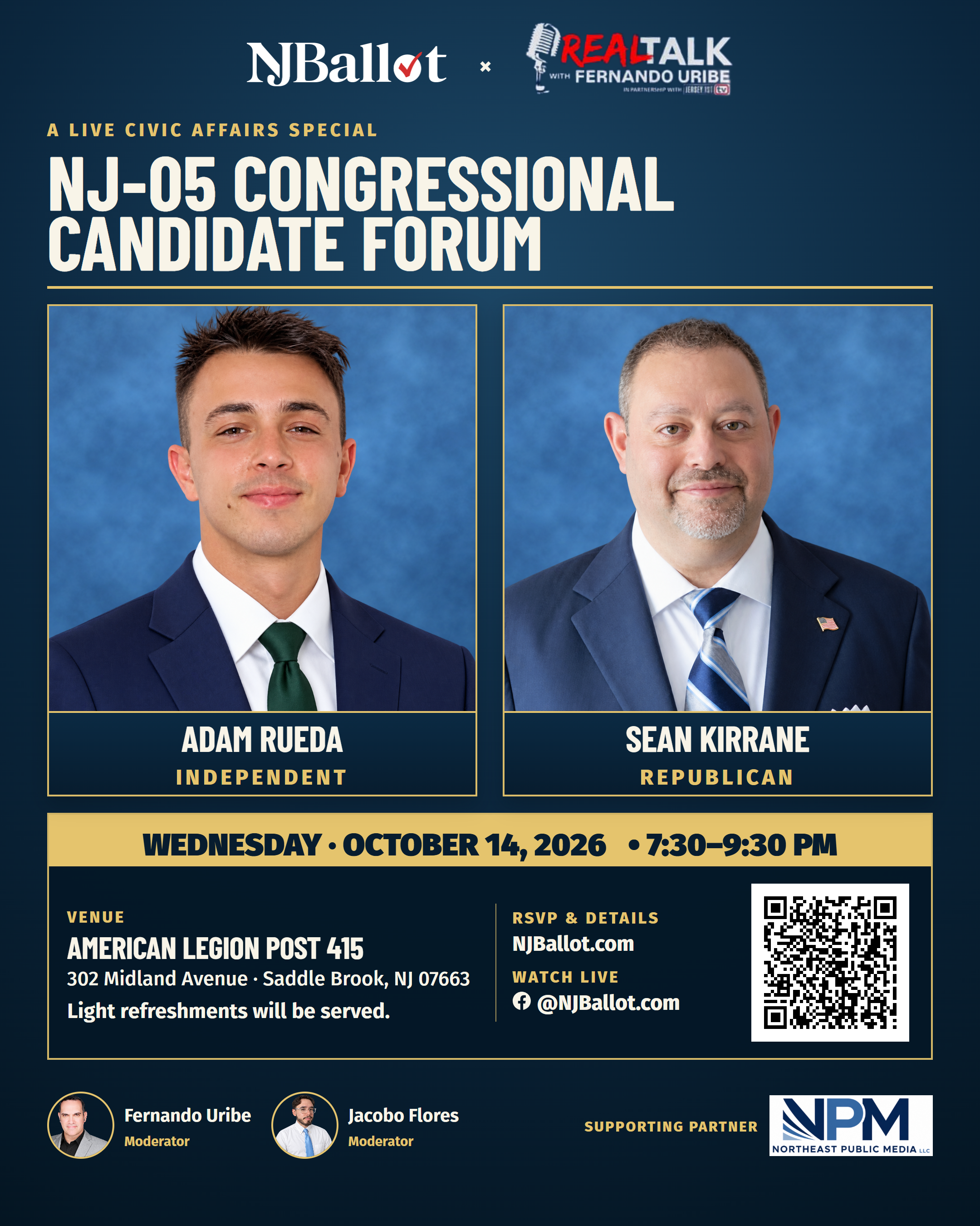 NJ-05 Congressional Candidate Forum: Adam Rueda and Sean Kirrane, October 14, 2026, 7:30–9:30 PM ET, American Legion Post 415, Saddle Brook.