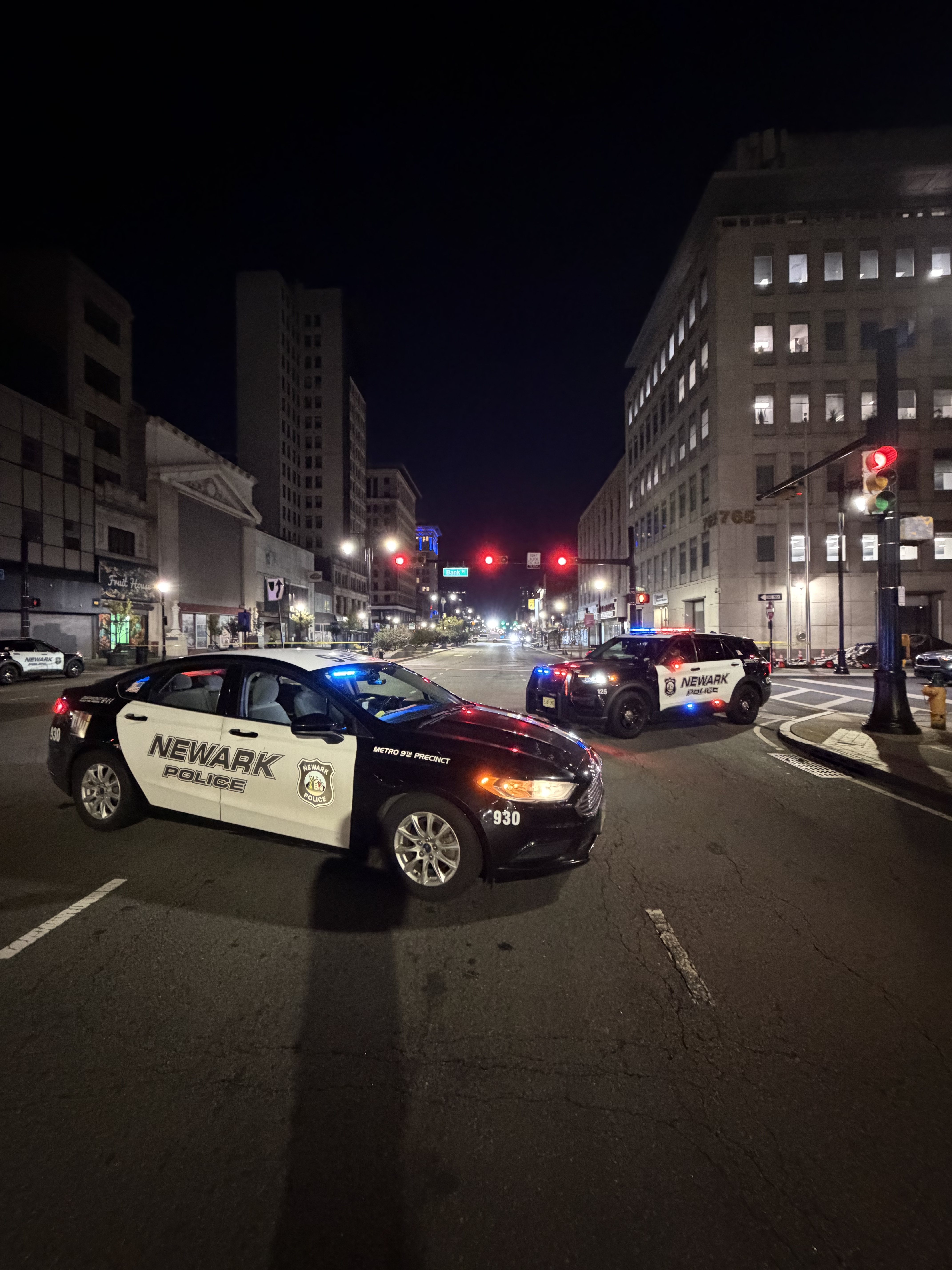 Newark police vehicles blocking the roadway during Jersey Alerts’ on-scene visit on October 5, 2026. Photo: Jersey Alerts.