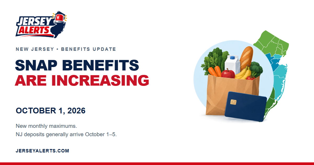 Groceries and an EBT card beside the supplied New Jersey map. Higher SNAP maximums begin October 1, 2026; deposits generally arrive October 1–5.